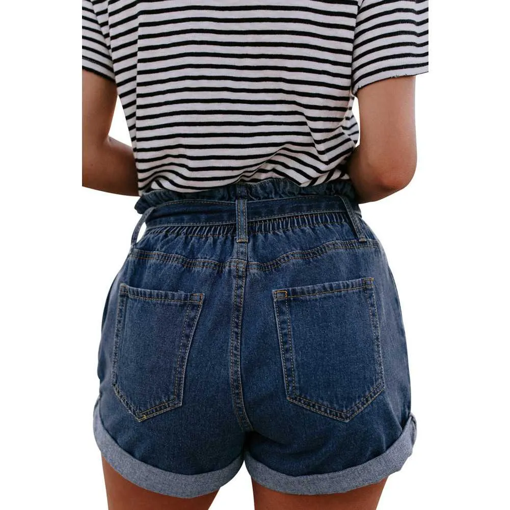 Boyfriend Loose Fit High Waisted Cuffed Paperbag Denim Shorts