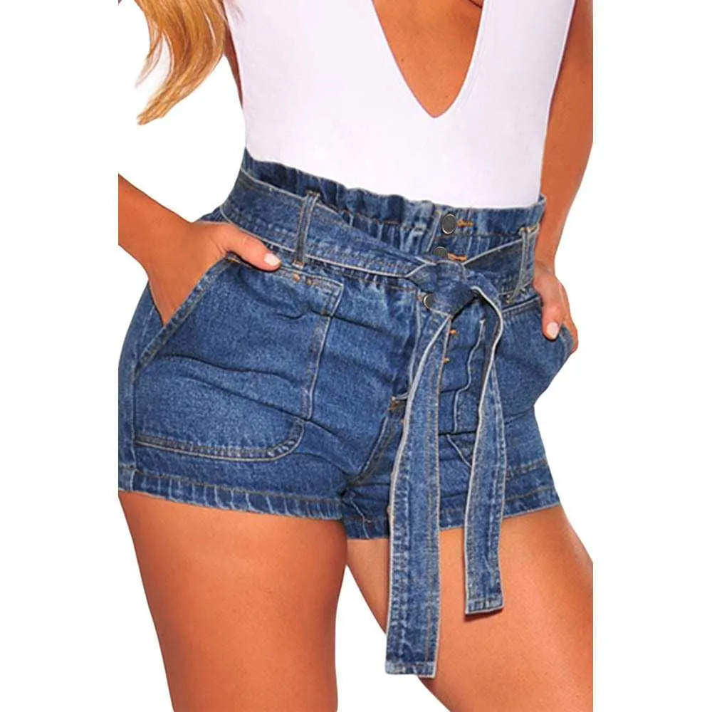 Boyfriend Loose Fit High Waisted Cuffed Paperbag Denim Shorts