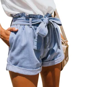 Boyfriend Loose Fit High Waisted Cuffed Paperbag Denim Shorts