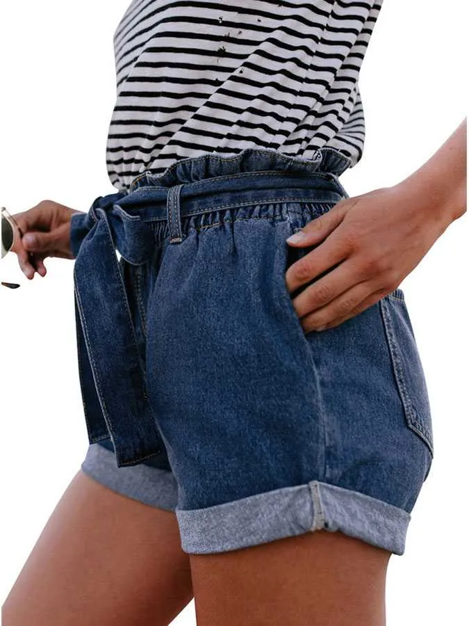 Boyfriend Loose Fit High Waisted Cuffed Paperbag Denim Shorts