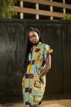 Brilliant Blue African Shirt Dress In Beautiful Blue Kente