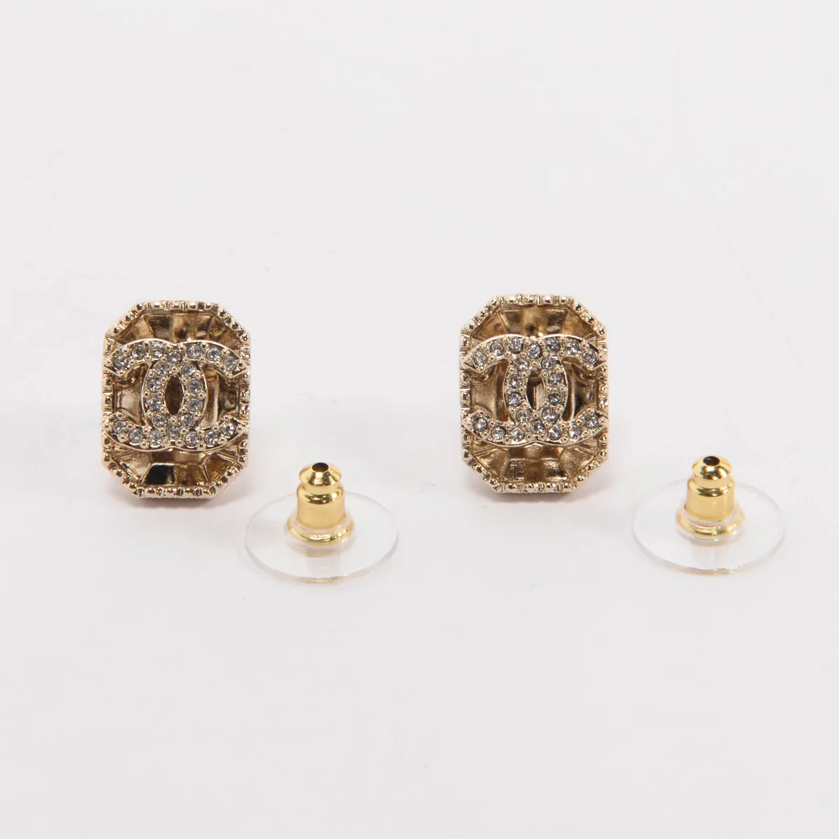 Chanel Light Gold Crystal CC Stud Earrings