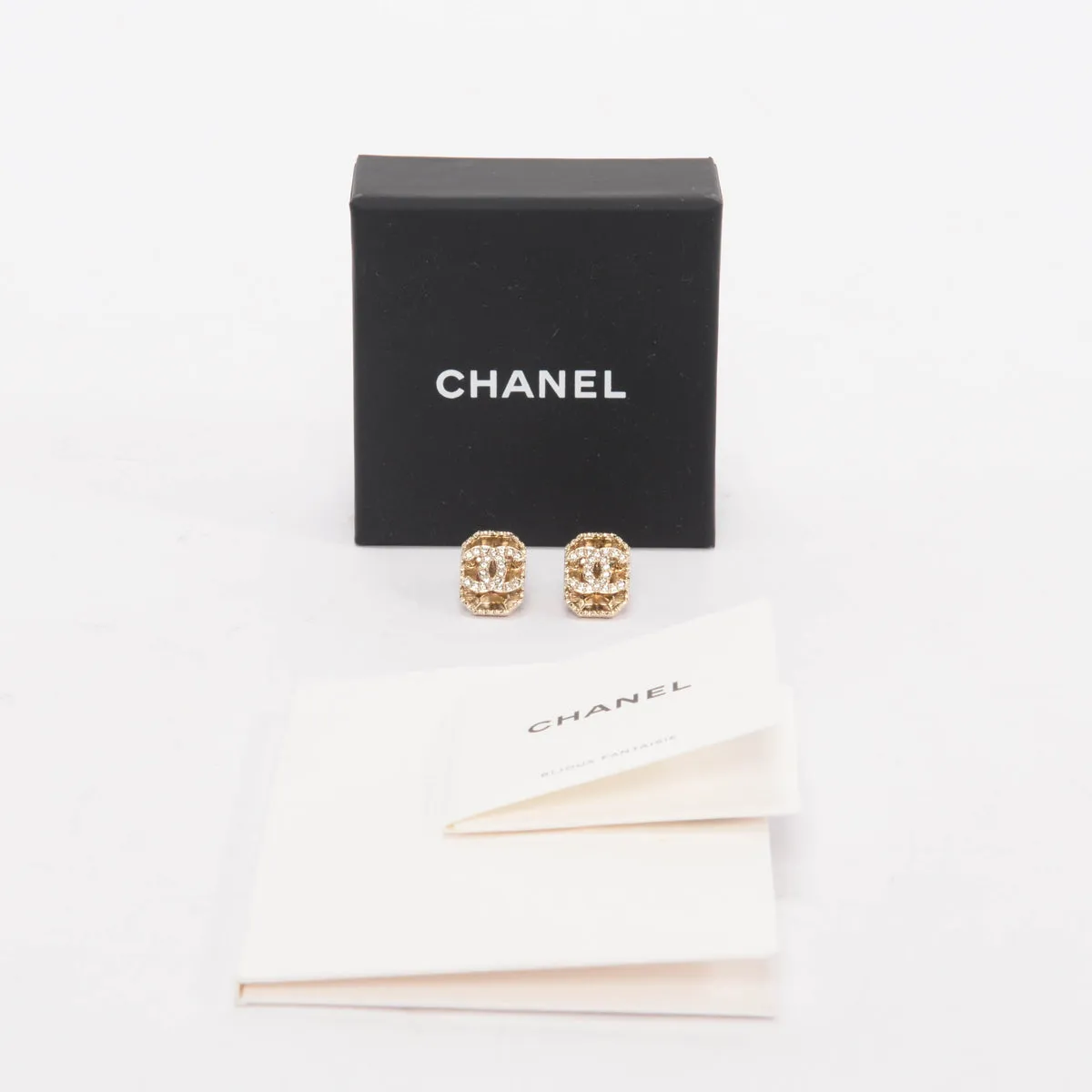 Chanel Light Gold Crystal CC Stud Earrings