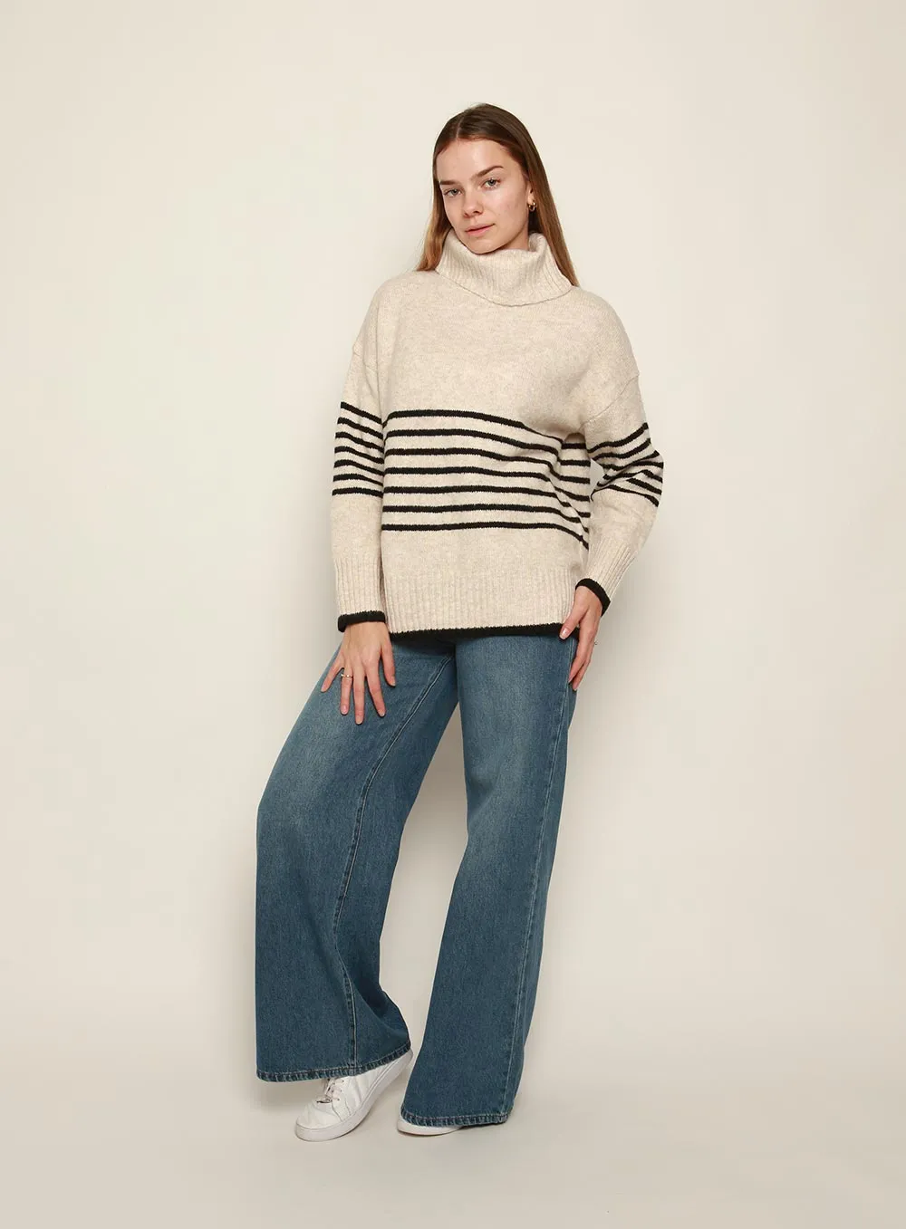 Cindy Roll Neck Stripe Knit-OATMEAL/BLACK