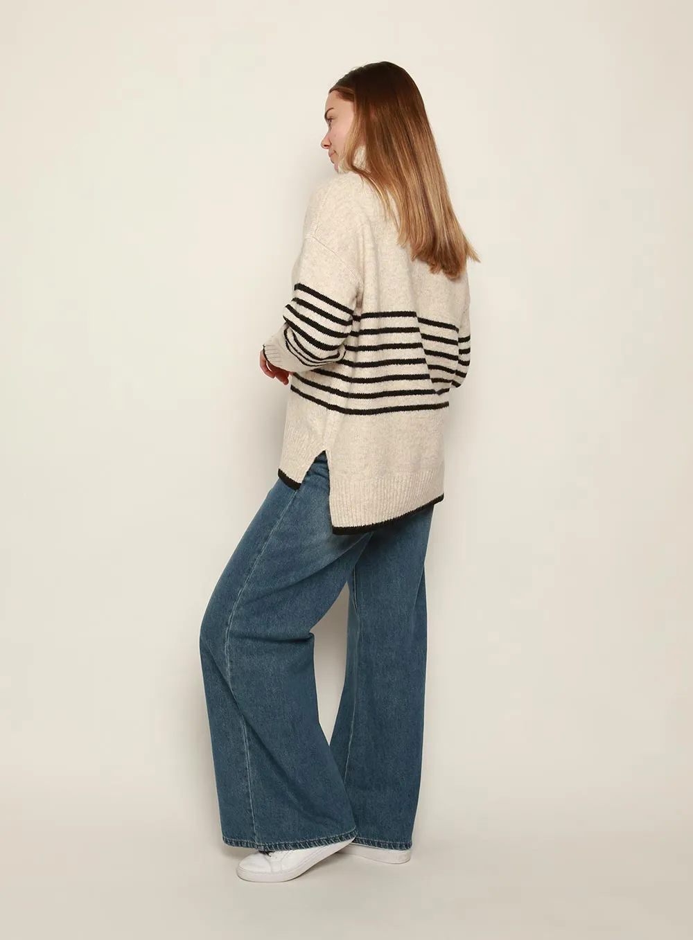 Cindy Roll Neck Stripe Knit-OATMEAL/BLACK