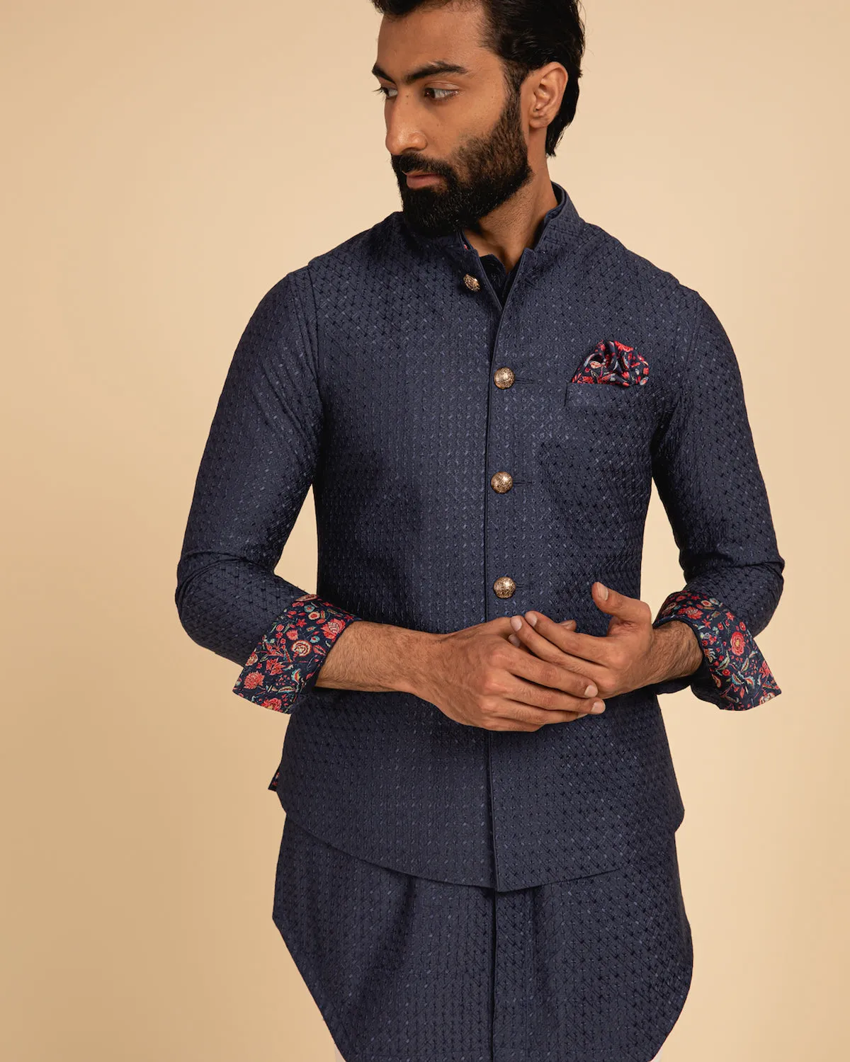 Cobalt Blue Silk Motif Kurta Set