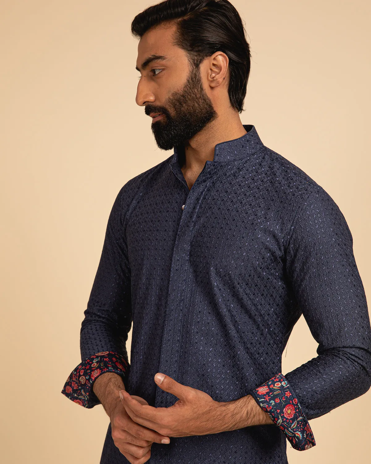 Cobalt Blue Silk Motif Kurta Set