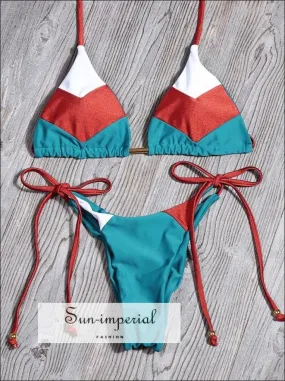 Color Block Blue Orange White Striped Bikini Set Women’s Swimming Suit Halter Drawstring Bathing Suit