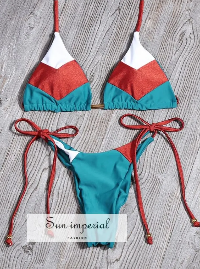 Color Block Blue Orange White Striped Bikini Set Women’s Swimming Suit Halter Drawstring Bathing Suit