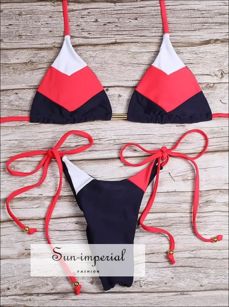 Color Block Blue Orange White Striped Bikini Set Women’s Swimming Suit Halter Drawstring Bathing Suit