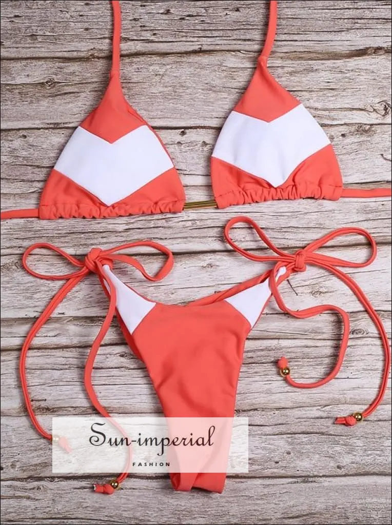 Color Block Blue Orange White Striped Bikini Set Women’s Swimming Suit Halter Drawstring Bathing Suit