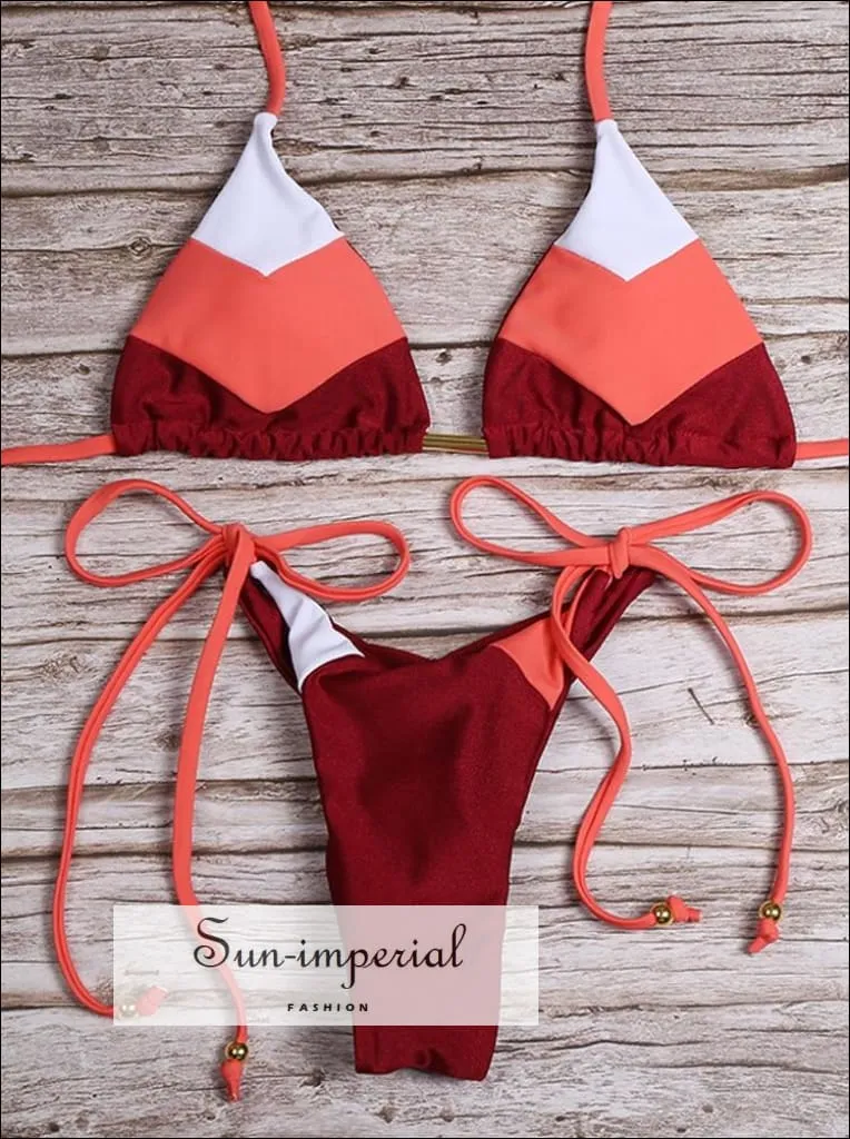 Color Block Blue Orange White Striped Bikini Set Women’s Swimming Suit Halter Drawstring Bathing Suit