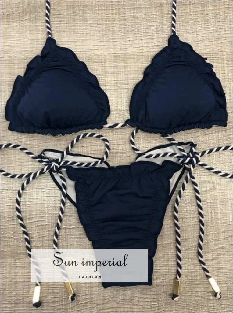 Color Block Navy Black Red White Bikini Set Women’s Swimming Suit Halter Drawstring Bathing Suit