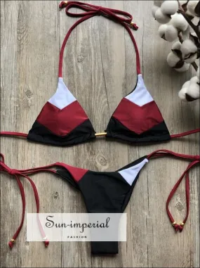 Color Block Navy Black Red White Bikini Set Women’s Swimming Suit Halter Drawstring Bathing Suit