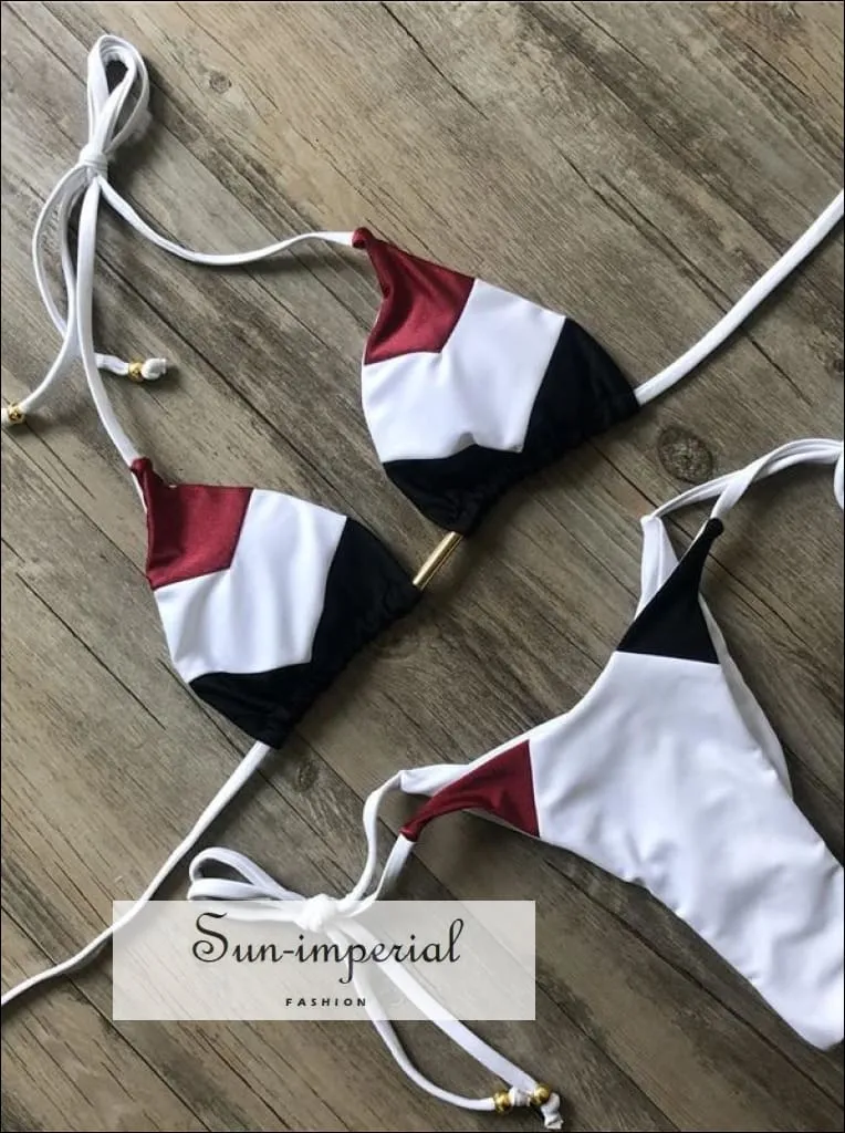 Color Block Navy Black Red White Bikini Set Women’s Swimming Suit Halter Drawstring Bathing Suit