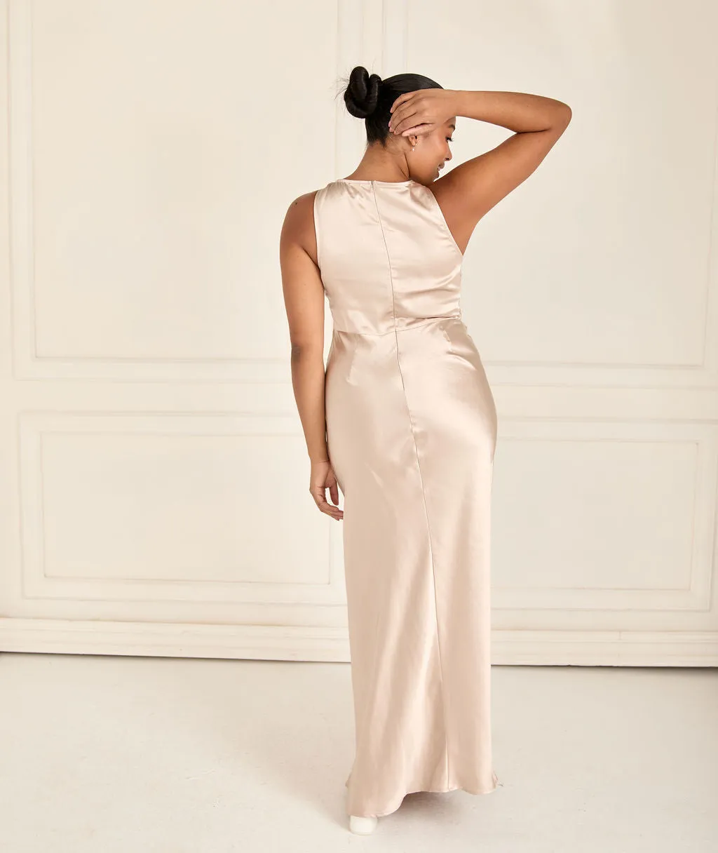 Cowl Front Satin Bridesmaid Dress - Oyster