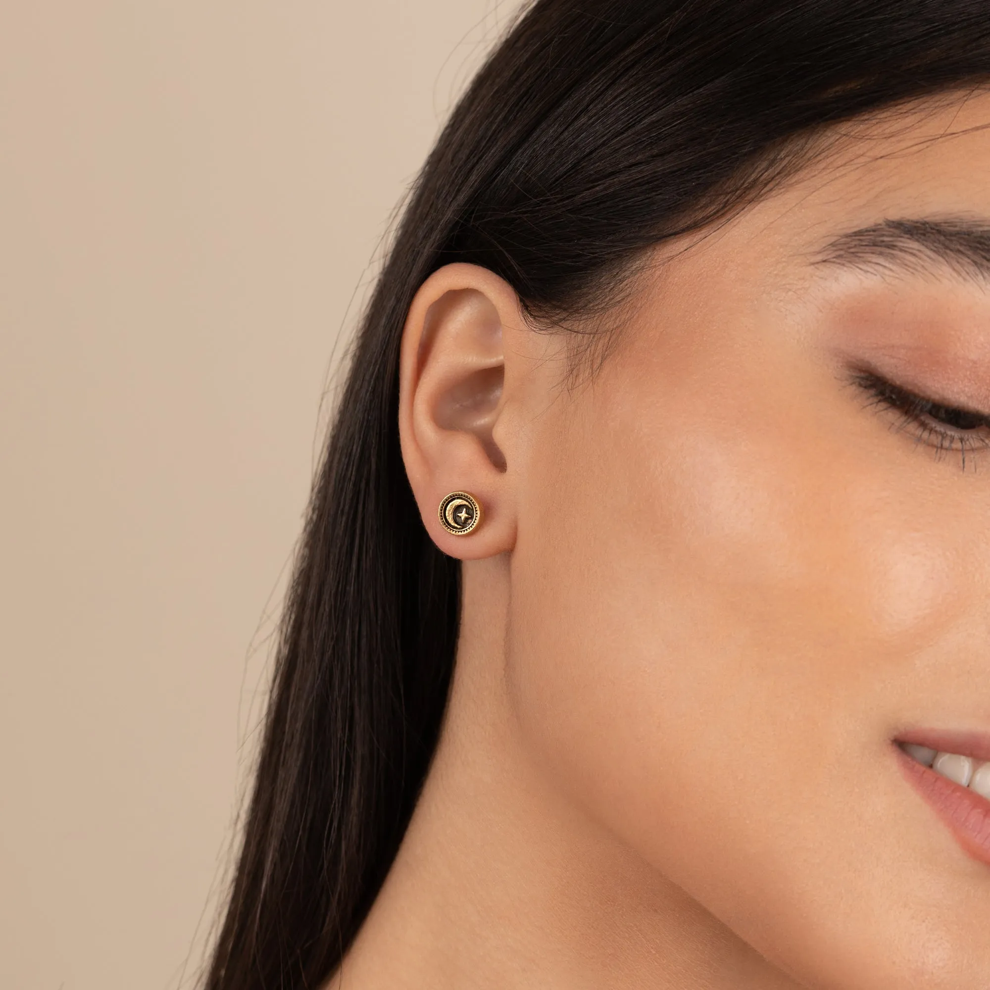 Crescent Moon Circle Stud Earrings