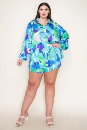 Crinkle Satin Printed Long Sleeve Button Down Shirt With Tie Front Shorts Set