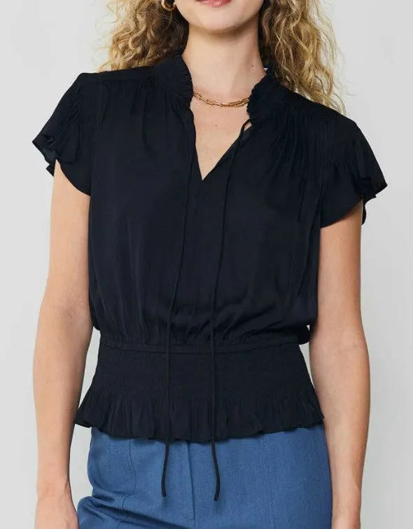 Current Air Black Cap Sleeve Blouse with Smocked Waist