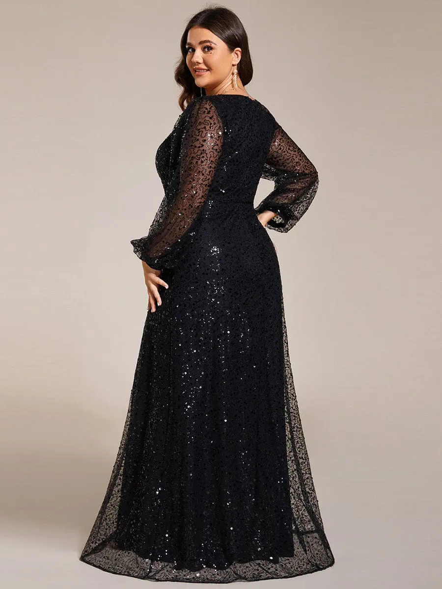 Custom Size Shimmering All Over V-Neck Long Lantern Sleeve Sequin A-Line Evening Dress