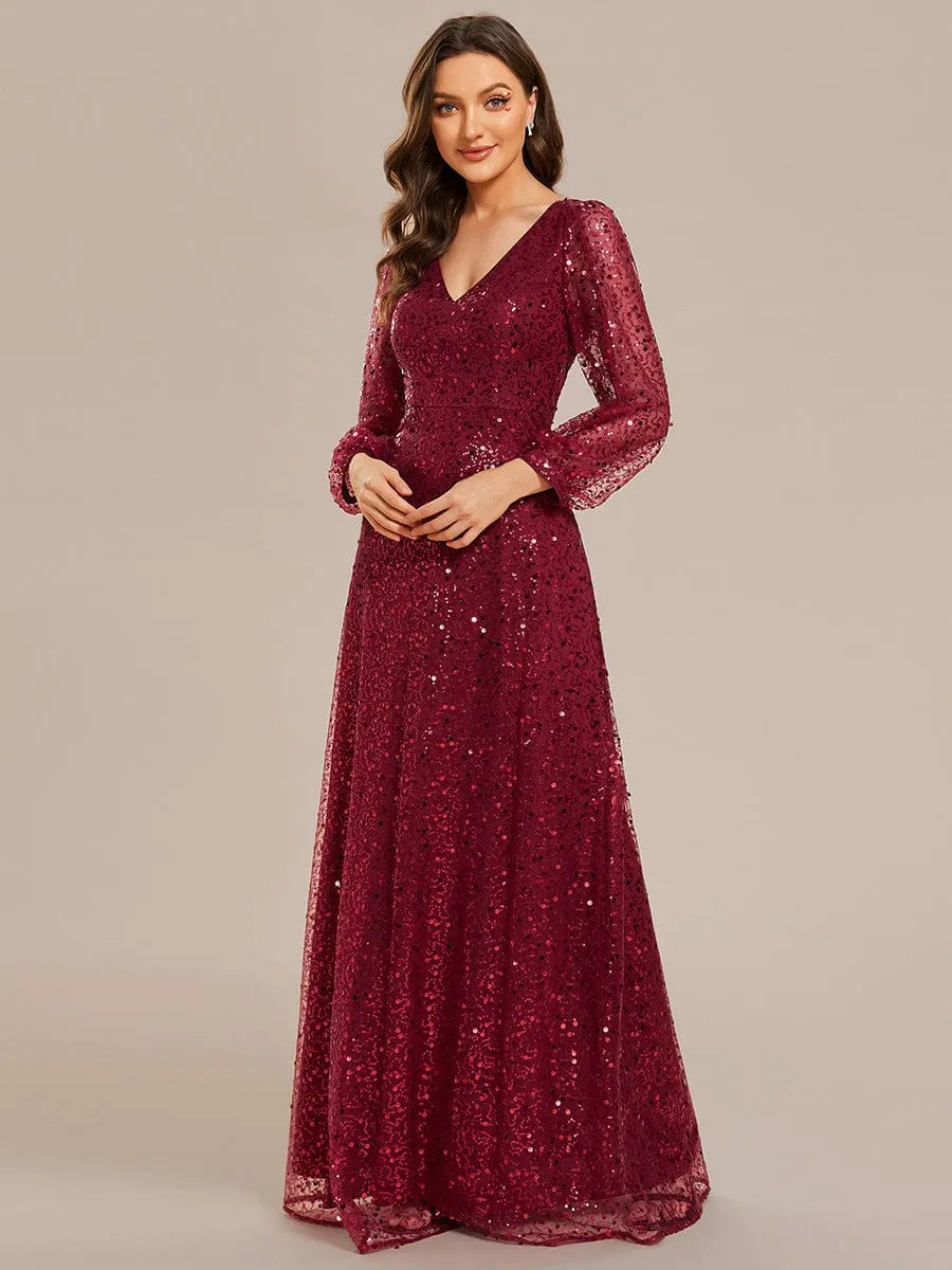 Custom Size Shimmering All Over V-Neck Long Lantern Sleeve Sequin A-Line Evening Dress