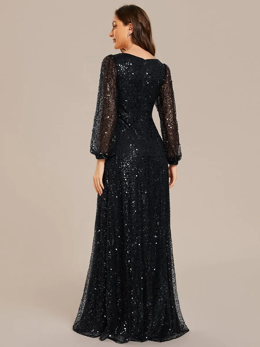 Custom Size Shimmering All Over V-Neck Long Lantern Sleeve Sequin A-Line Evening Dress