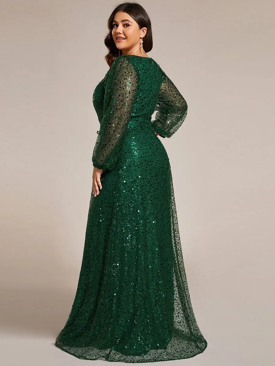 Custom Size Shimmering All Over V-Neck Long Lantern Sleeve Sequin A-Line Evening Dress