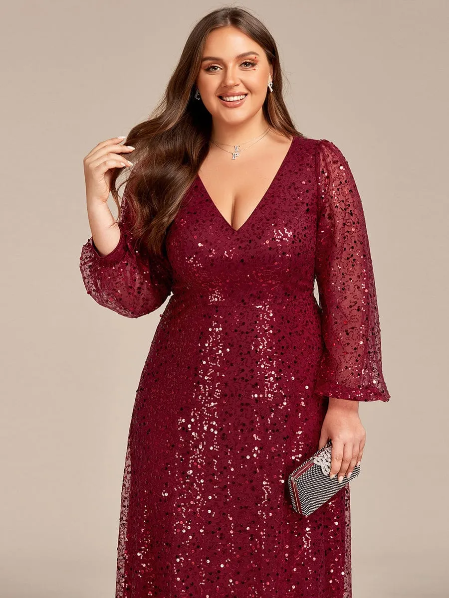 Custom Size Shimmering All Over V-Neck Long Lantern Sleeve Sequin A-Line Evening Dress