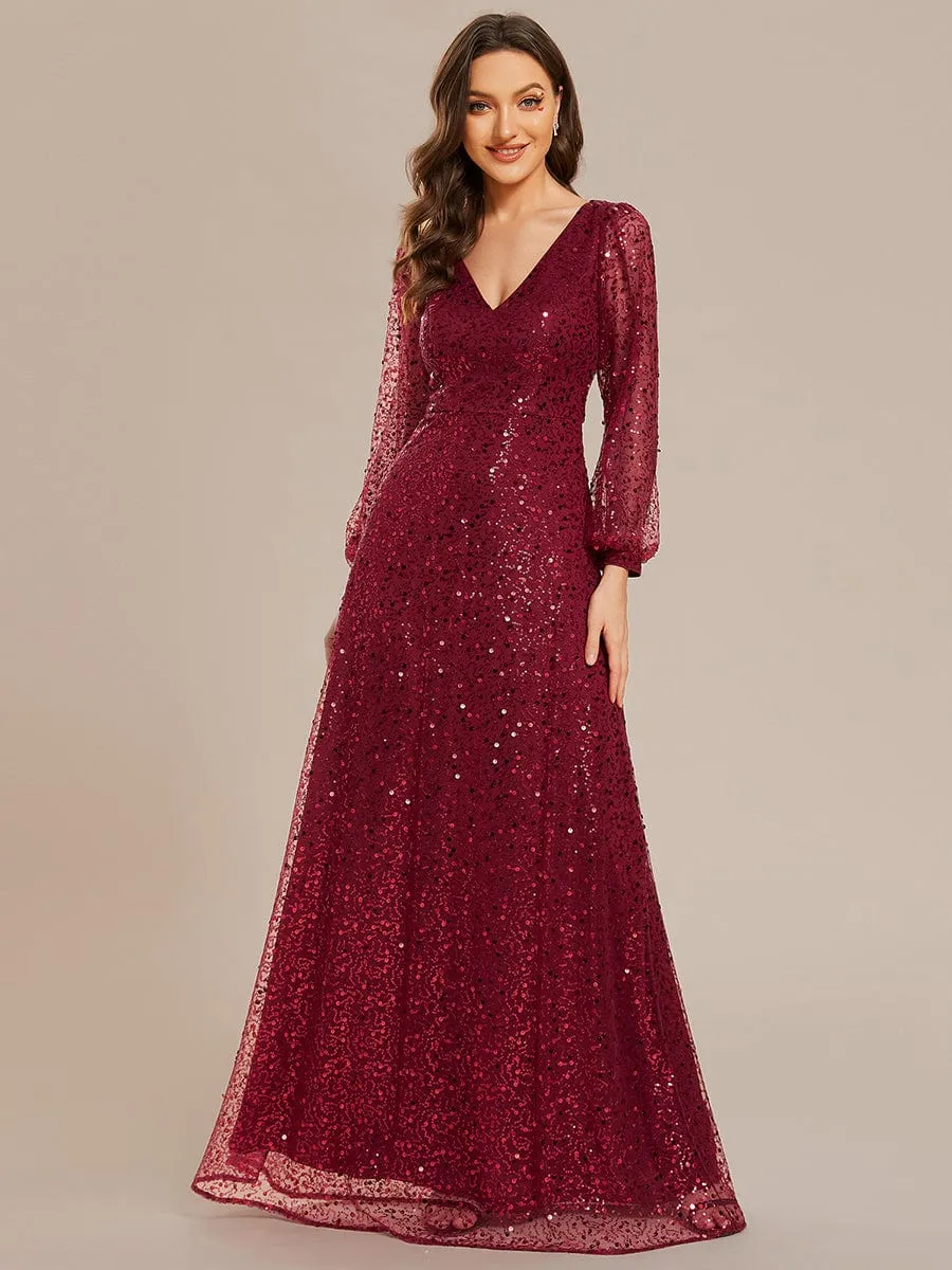 Custom Size Shimmering All Over V-Neck Long Lantern Sleeve Sequin A-Line Evening Dress