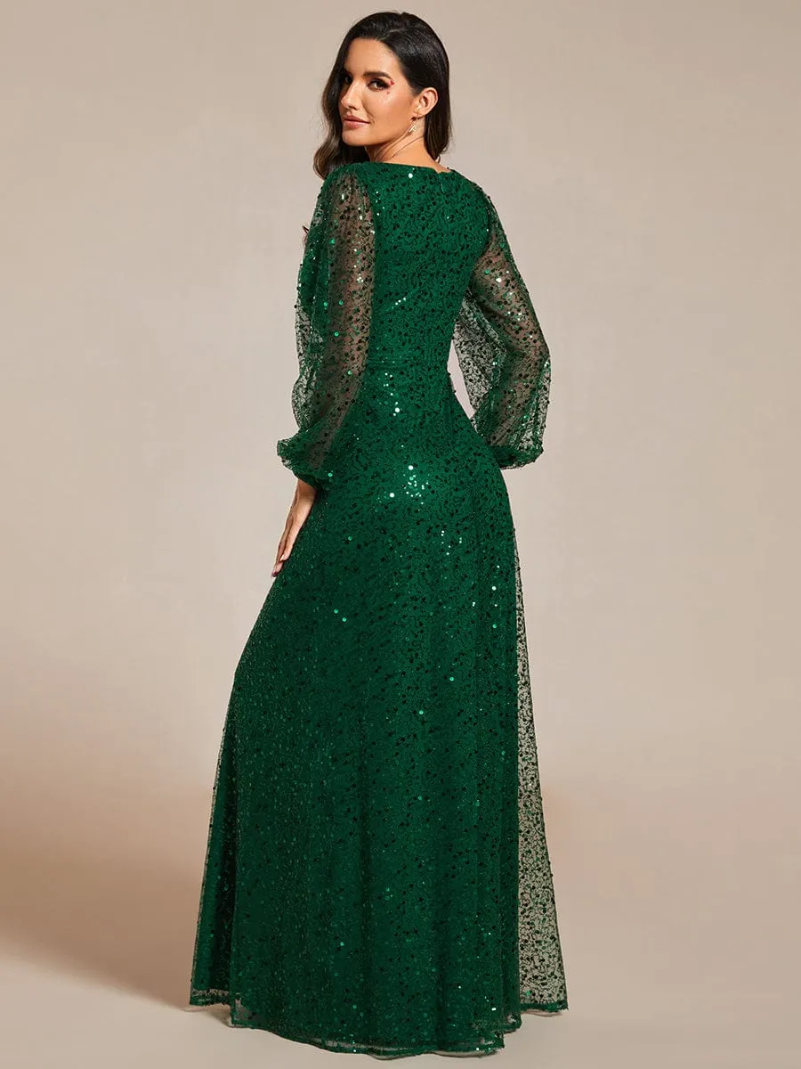 Custom Size Shimmering All Over V-Neck Long Lantern Sleeve Sequin A-Line Evening Dress