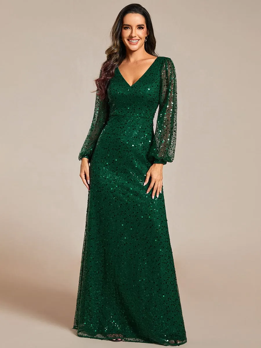 Custom Size Shimmering All Over V-Neck Long Lantern Sleeve Sequin A-Line Evening Dress