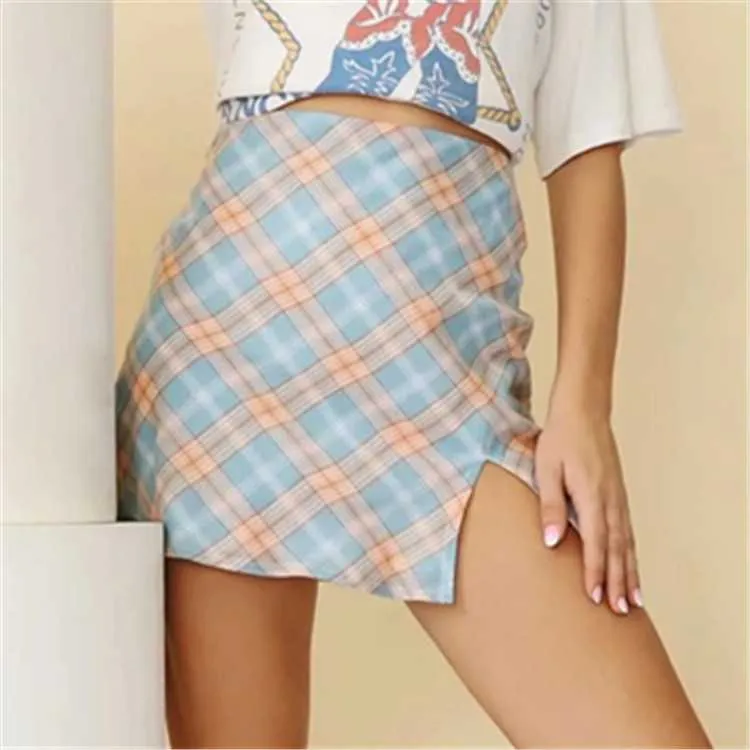 Cute A Line Checked High Thigh Split Mini Skirt For Young Women