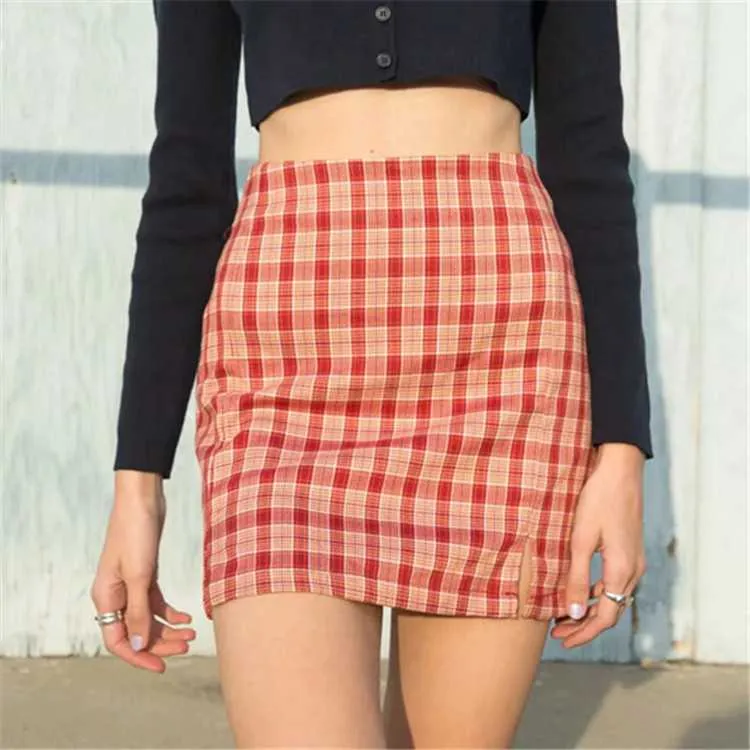 Cute A Line Checked High Thigh Split Mini Skirt For Young Women