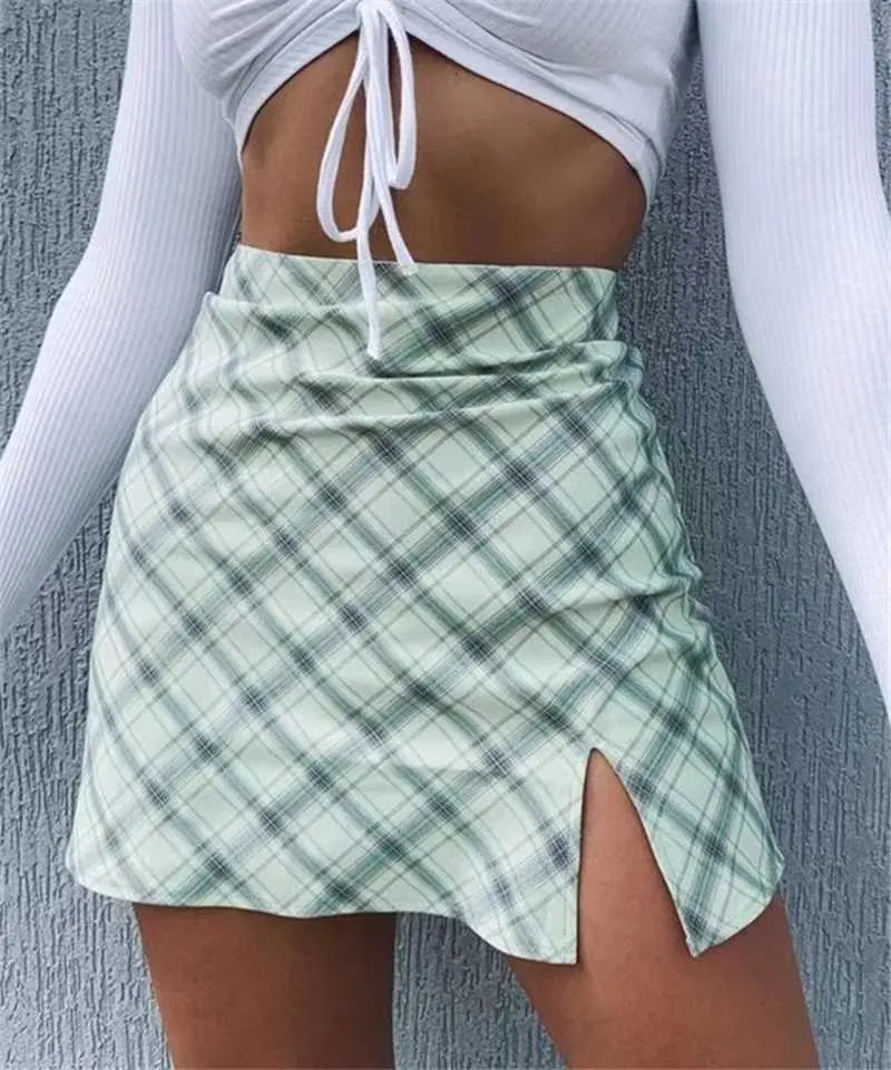 Cute A Line Checked High Thigh Split Mini Skirt For Young Women