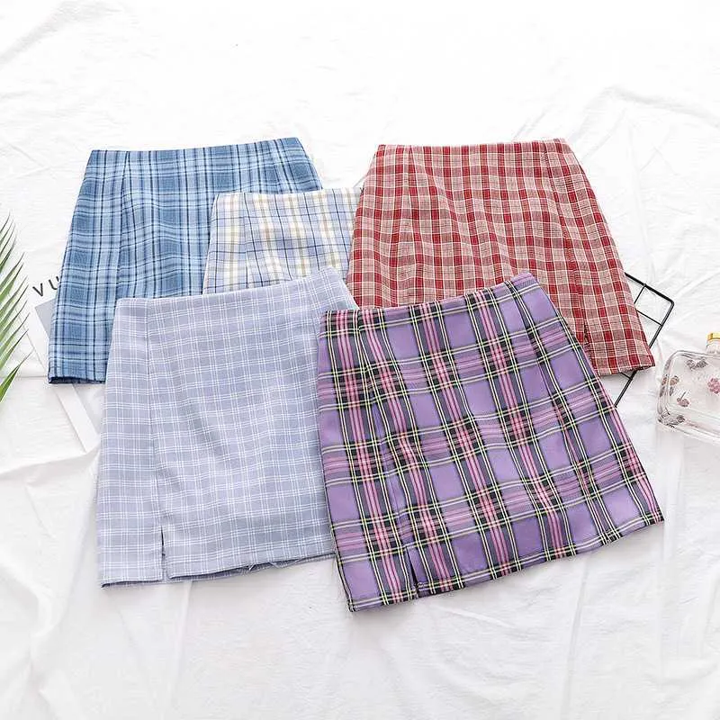 Cute A Line Checked High Thigh Split Mini Skirt For Young Women