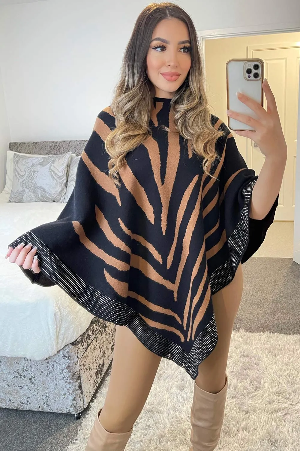 Dakota Black and Camel Zebra Print Diamante Trim Cape