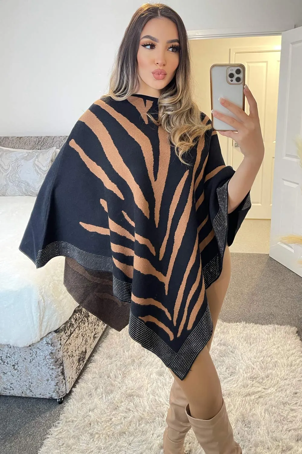 Dakota Black and Camel Zebra Print Diamante Trim Cape