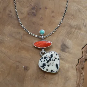 Dalmation Jasper Spiny Oyster Turquoise Pendant - 3 Stone Pendant - Includes Chain