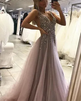 Deep V Neck Long Tulle Split Prom Evening Dresses With Sequins And Beads