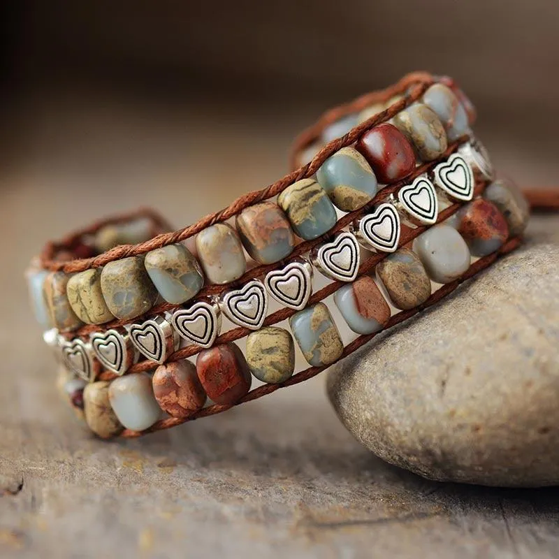 Earthy Jasper & Heart Beads Cuff Bracelet