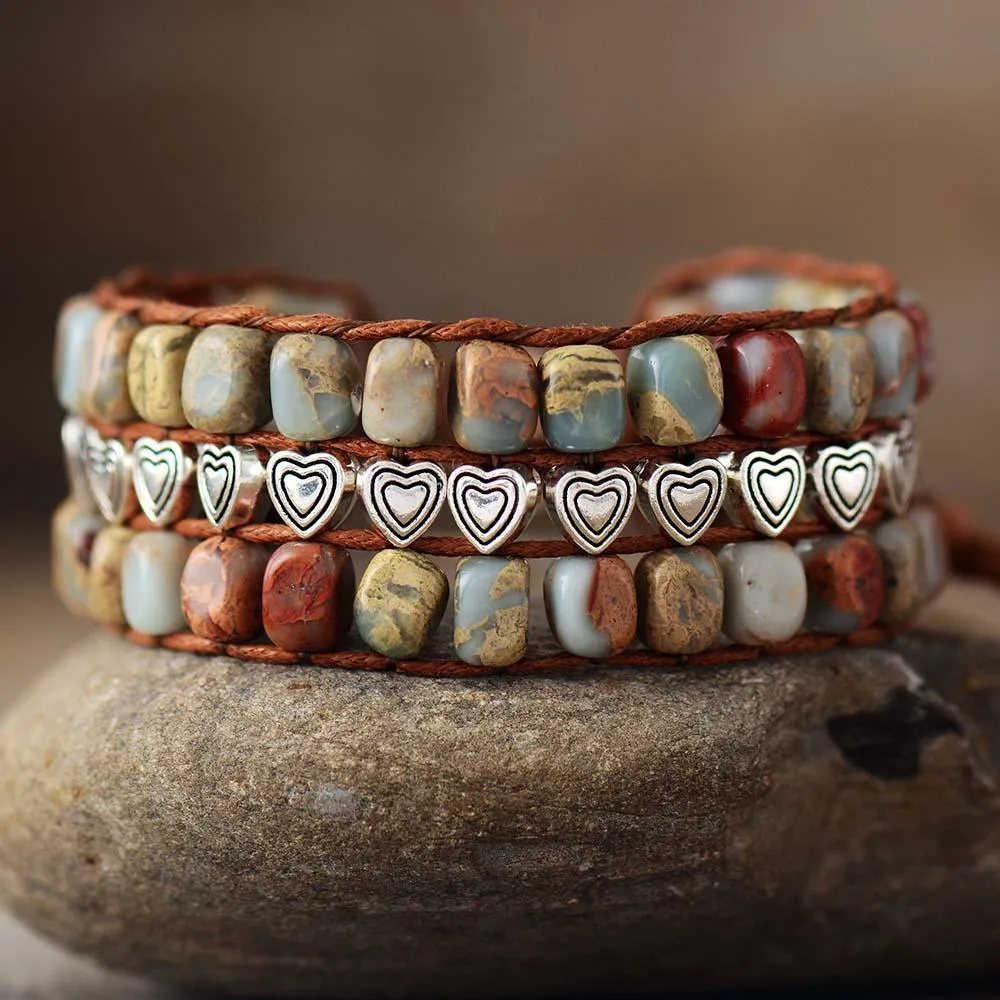 Earthy Jasper & Heart Beads Cuff Bracelet