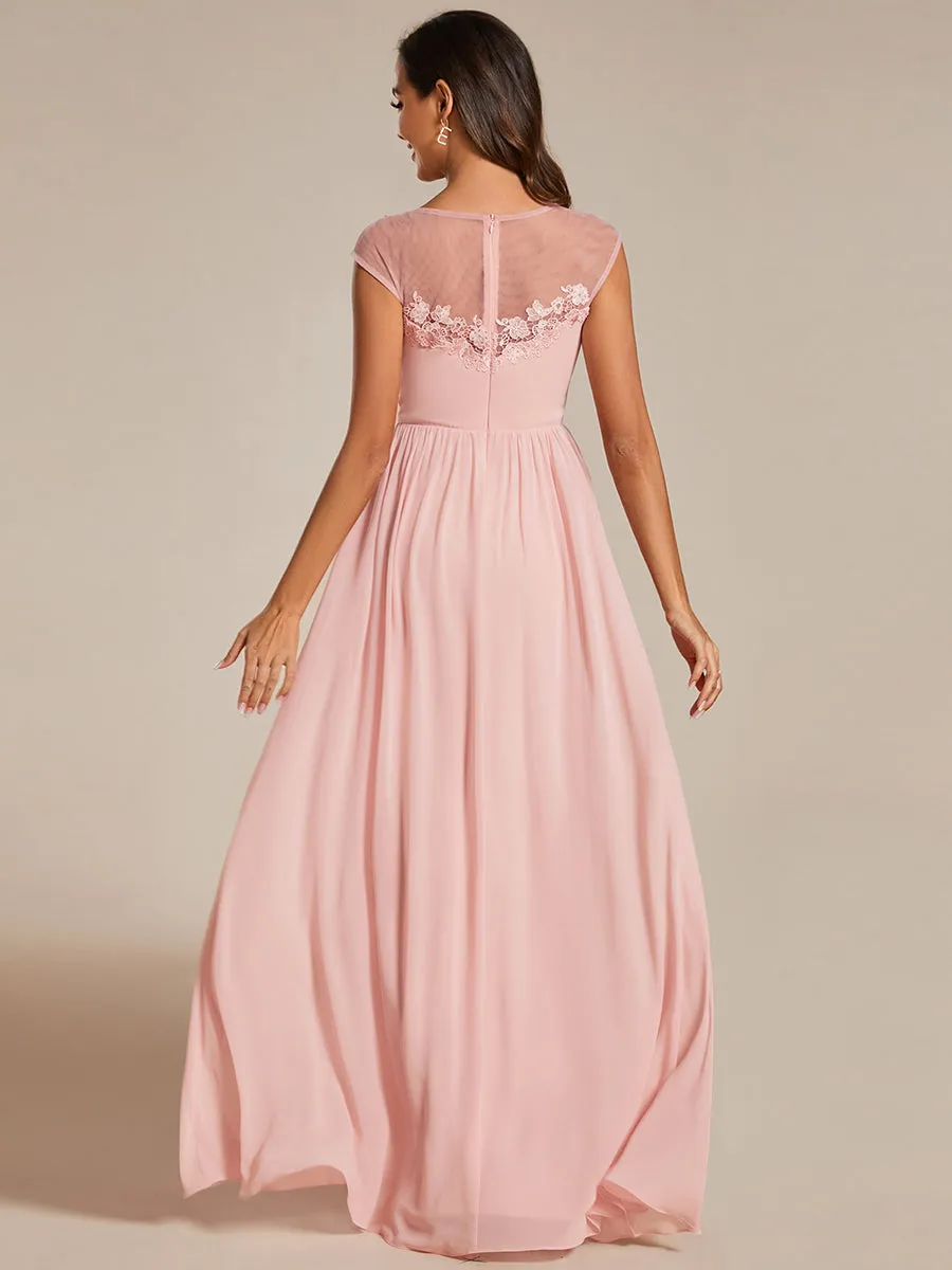 Embroidery Round Neck Floor Length Bridesmaid Dress With Raglan Sleeves