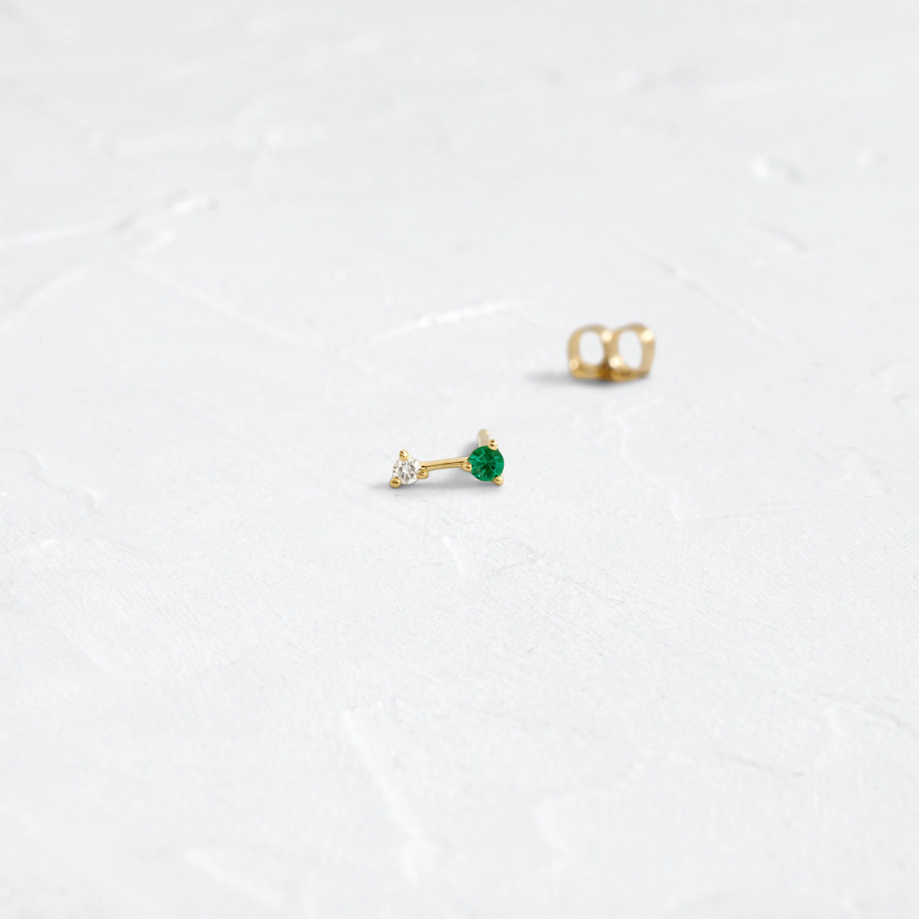 Emerald and Diamond Tinsel Two-Stone Single Stud - In Stock