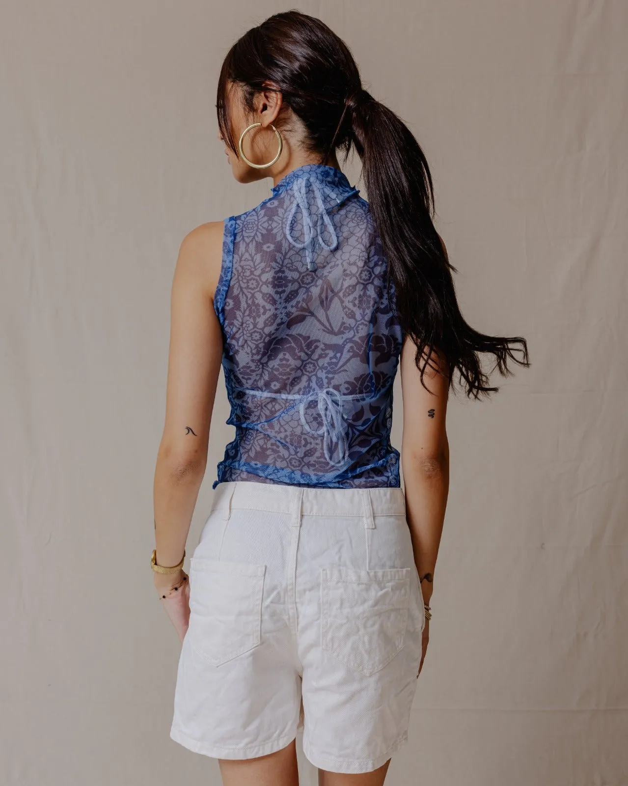 Floral Fusion Mesh Top Blue