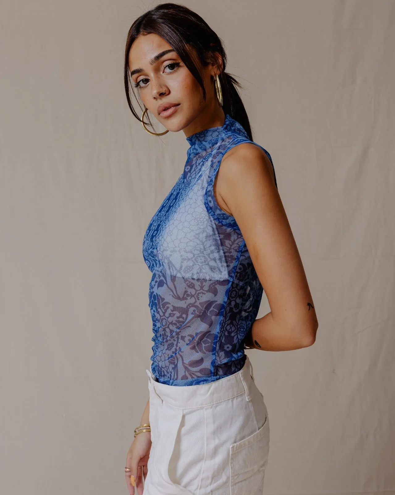 Floral Fusion Mesh Top Blue