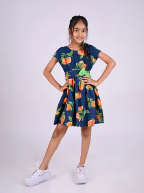 Girls Navy Blue Printed Dress