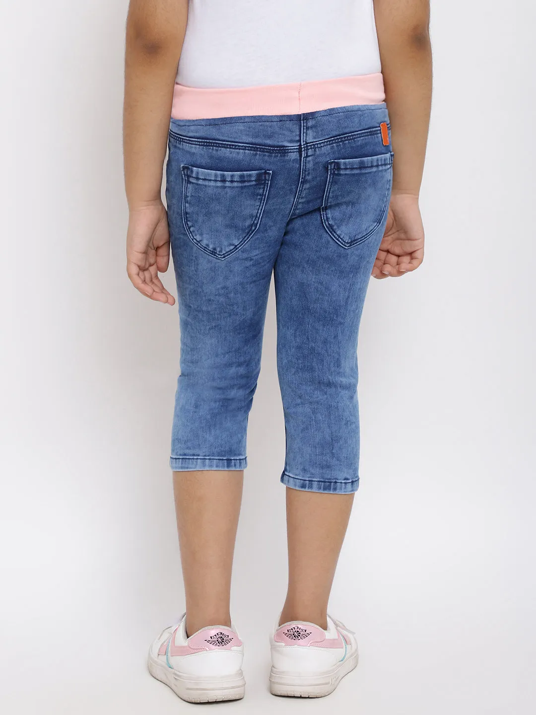 GIRLS SLIM FIT MID BLUE CAPRI WITH PEACH WAISTBAND