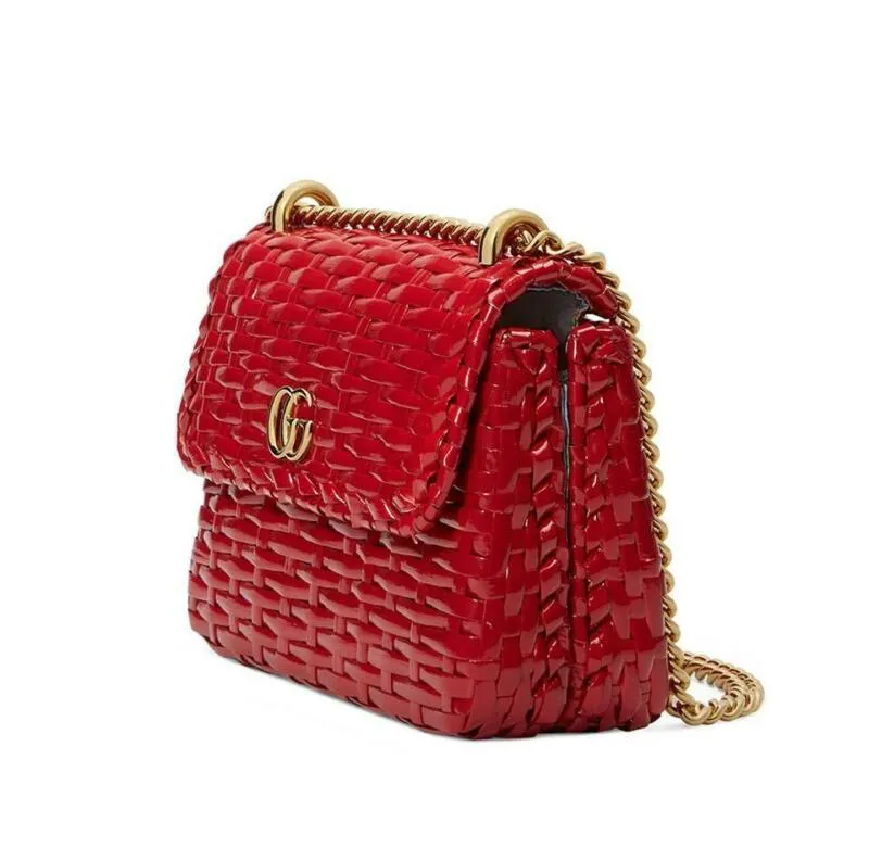 Gucci GG Marmont Shoulder Linea Cestino Mini Web Straw Red Cross Body Bag