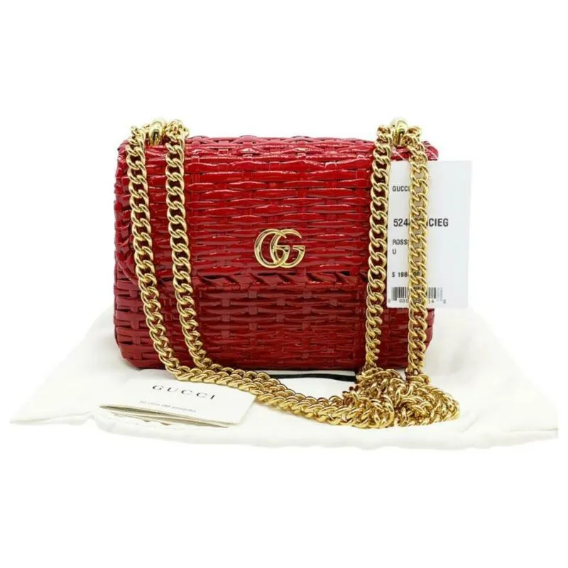 Gucci GG Marmont Shoulder Linea Cestino Mini Web Straw Red Cross Body Bag