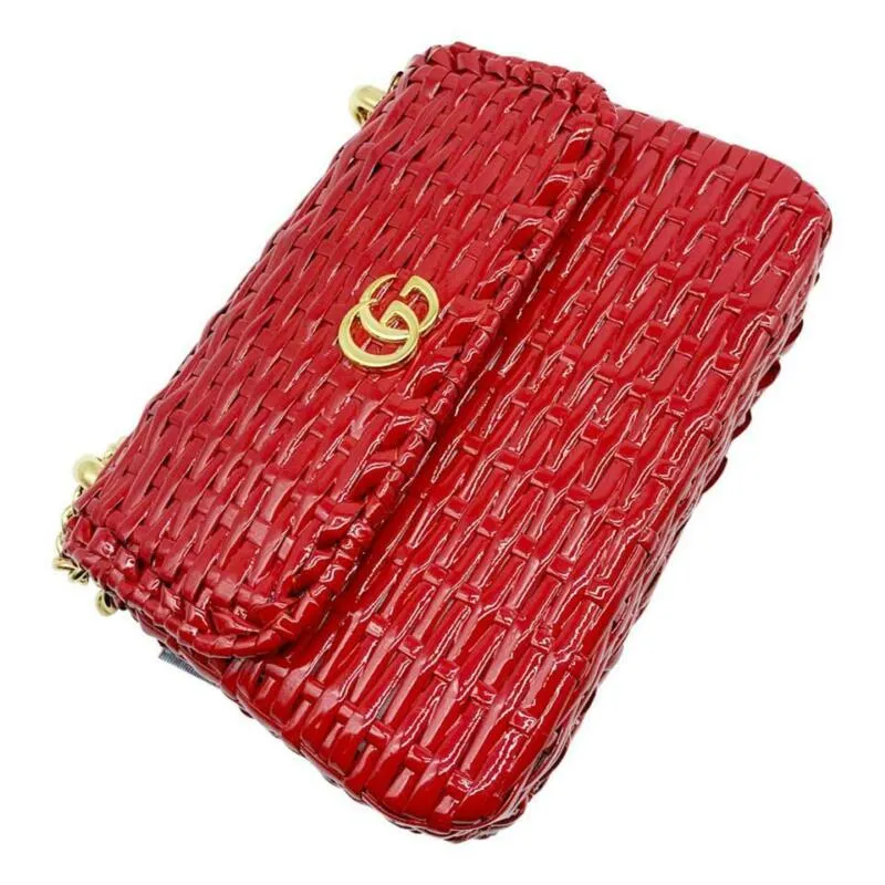 Gucci GG Marmont Shoulder Linea Cestino Mini Web Straw Red Cross Body Bag